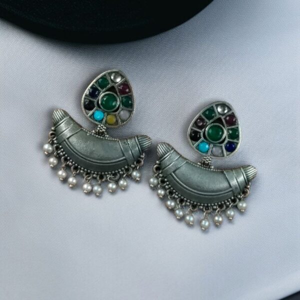 Adorable Look Silver Replica Oxidised Chandbali Earrings with Stone & Pearl Detailing - "Multi"