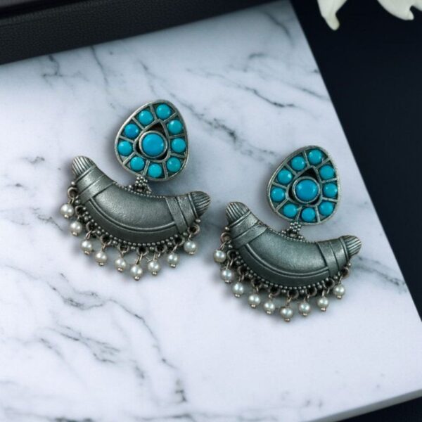 Adorable Look Silver Replica Oxidised Chandbali Earrings with Stone & Pearl Detailing - "Aqua"
