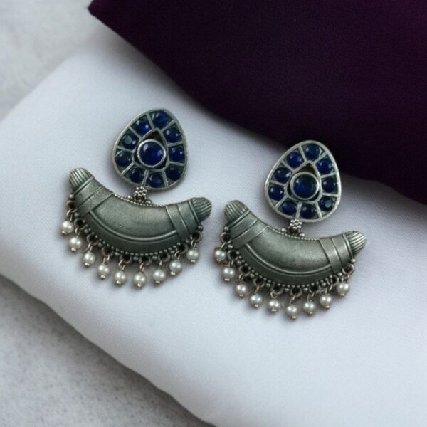 Adorable Look Silver Replica Oxidised Chandbali Earrings with Stone & Pearl Detailing - "Blue"