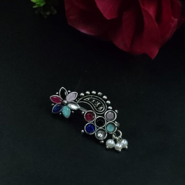 Adorable Oxidised Silver Plated Marathi Nath Press Nosepin - "Multi"
