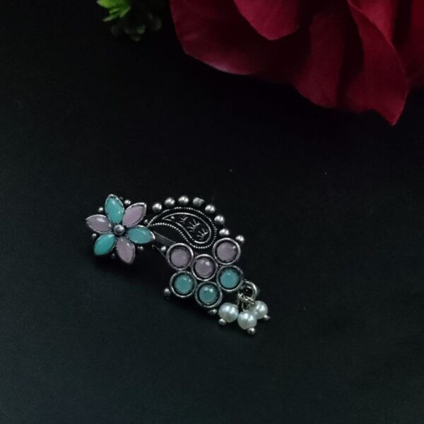 Adorable Oxidised Silver Plated Marathi Nath Press Nosepin - "Baby Pink-Mint"