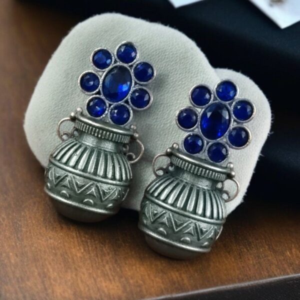 Silver Replica Unique Kalash Earrings ? Oxidised Flower & Stone Work Design - "Blue"