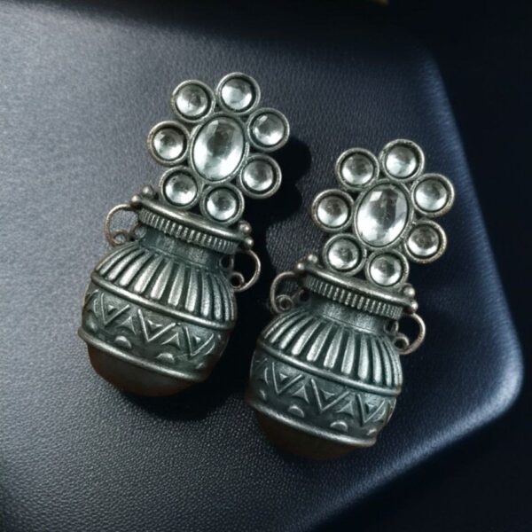 Silver Replica Unique Kalash Earrings ? Oxidised Flower & Stone Work Design - "White"