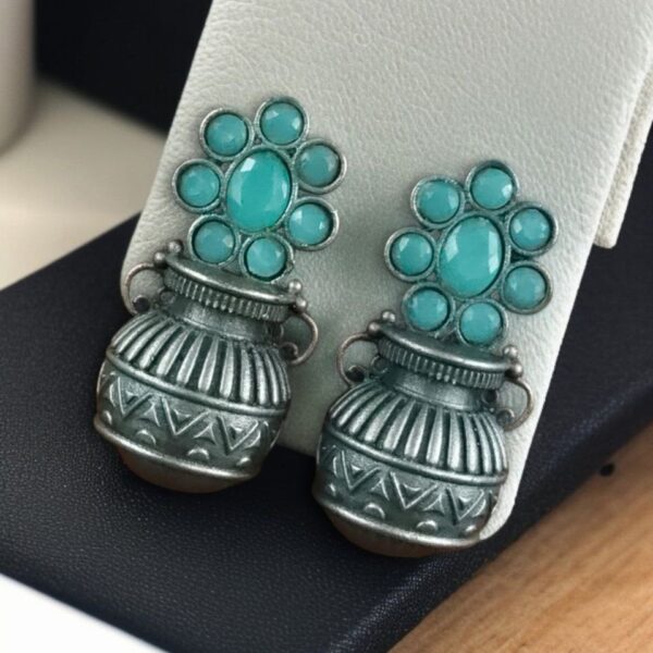 Silver Replica Unique Kalash Earrings ? Oxidised Flower & Stone Work Design - "Mint"