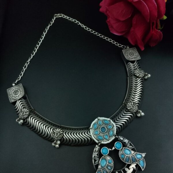 Antique Oxidized Bird Hasli Necklace | Best Classic Silver Look Like Jewelry - "Aqua"