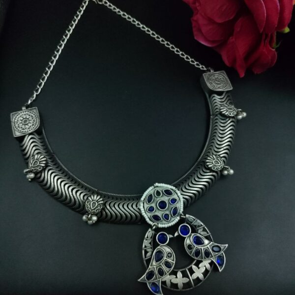 Antique Oxidized Bird Hasli Necklace | Best Classic Silver Look Like Jewelry - "Blue"