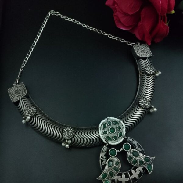 Antique Oxidized Bird Hasli Necklace | Best Classic Silver Look Like Jewelry - "Green"