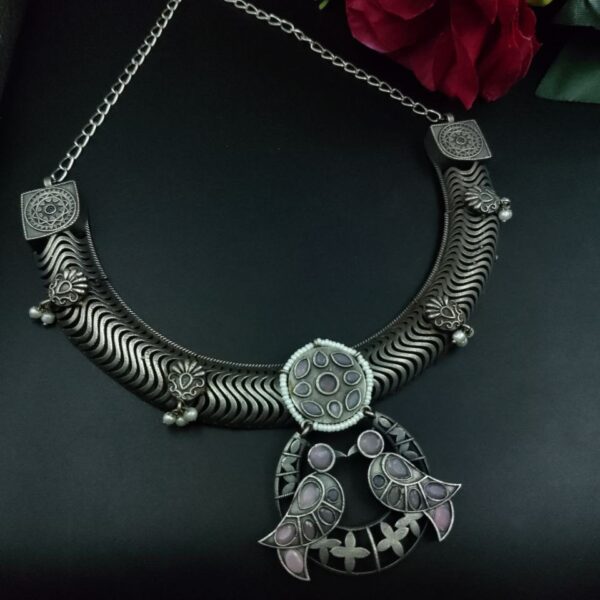Antique Oxidized Bird Hasli Necklace | Best Classic Silver Look Like Jewelry - "Baby Pink "