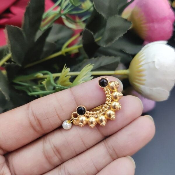 Marathi Style Stone Work Golden Nosepin For Girls - "Black"