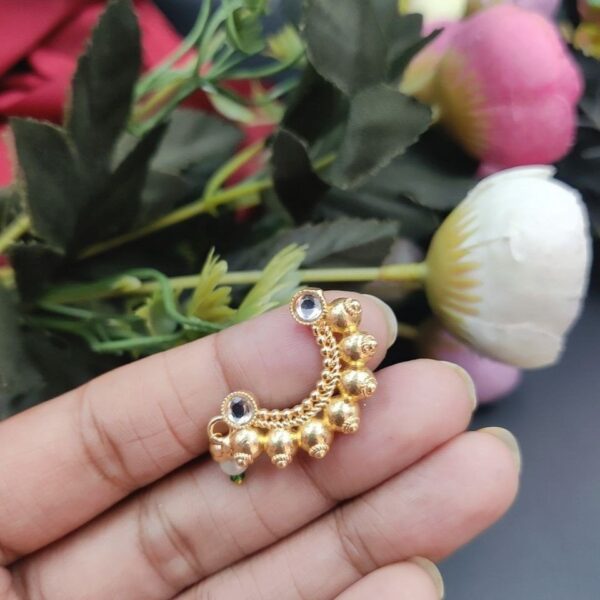 Marathi Style Stone Work Golden Nosepin For Girls - "White"