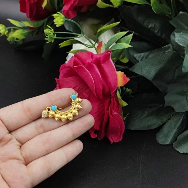 Marathi Style Stone Work Golden Nosepin For Girls - " Aqua "