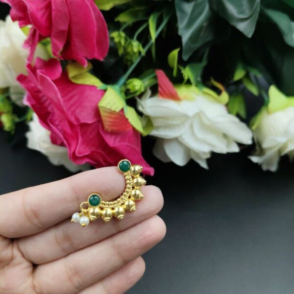 Marathi Style Stone Work Golden Nosepin For Girls - "Green "