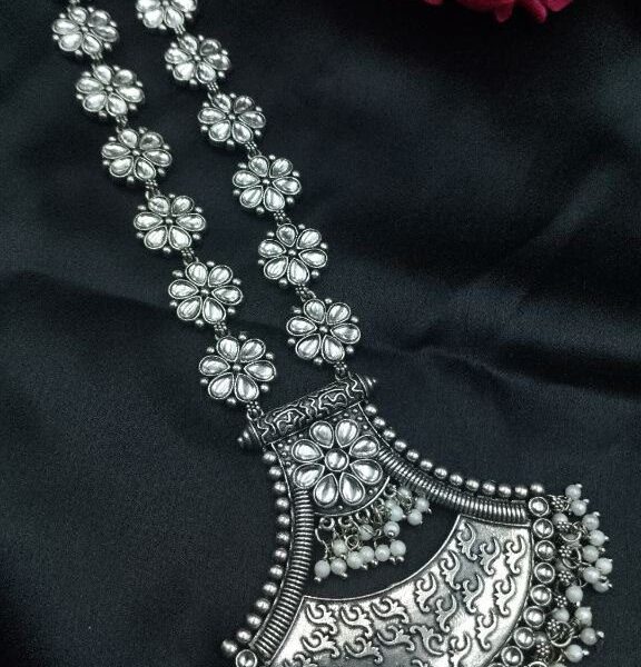 Designer Floral Art Oxidised Long Necklace ? Traditional Jewelry with Best Pearl & Stone Work - "White"