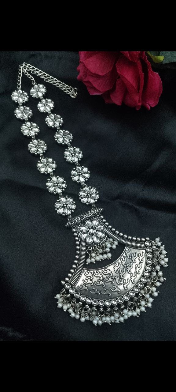 Designer Floral Art Oxidised Long Necklace ? Traditional Jewelry with Best Pearl & Stone Work - Image 7