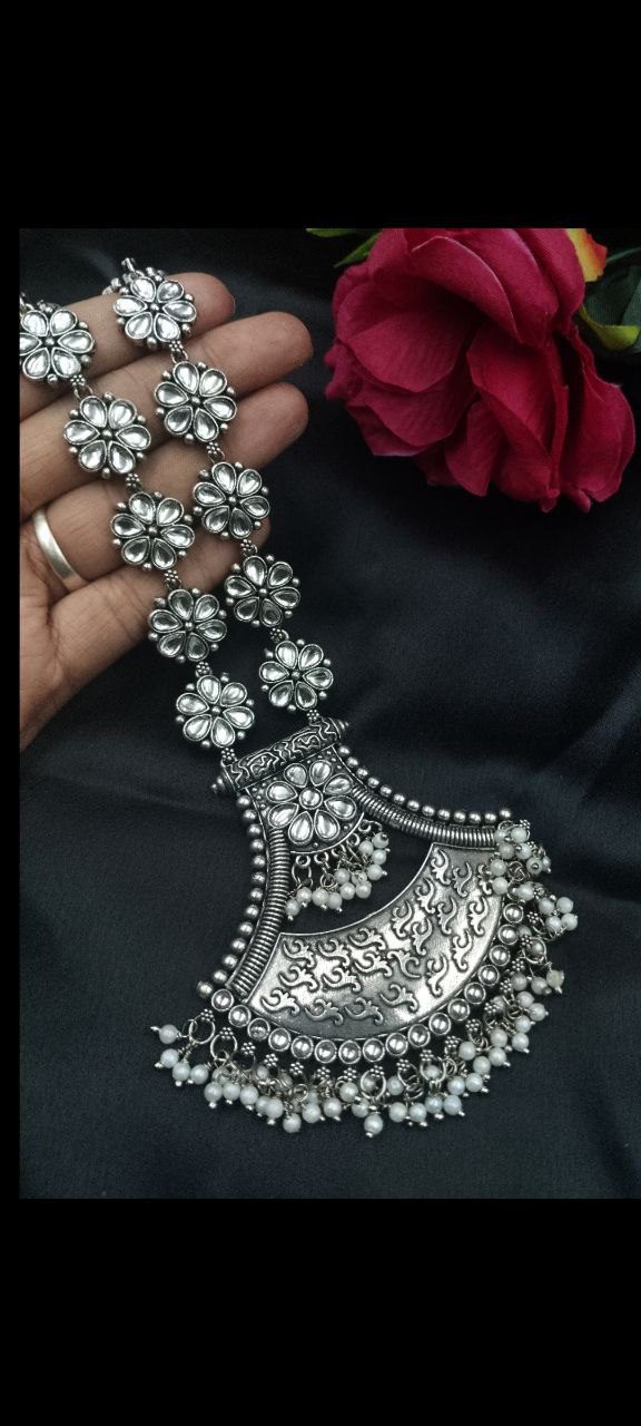 Designer Floral Art Oxidised Long Necklace ? Traditional Jewelry with Best Pearl & Stone Work - Image 6
