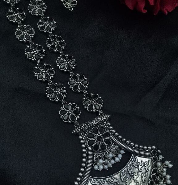 Designer Floral Art Oxidised Long Necklace ? Traditional Jewelry with Best Pearl & Stone Work - "Black"