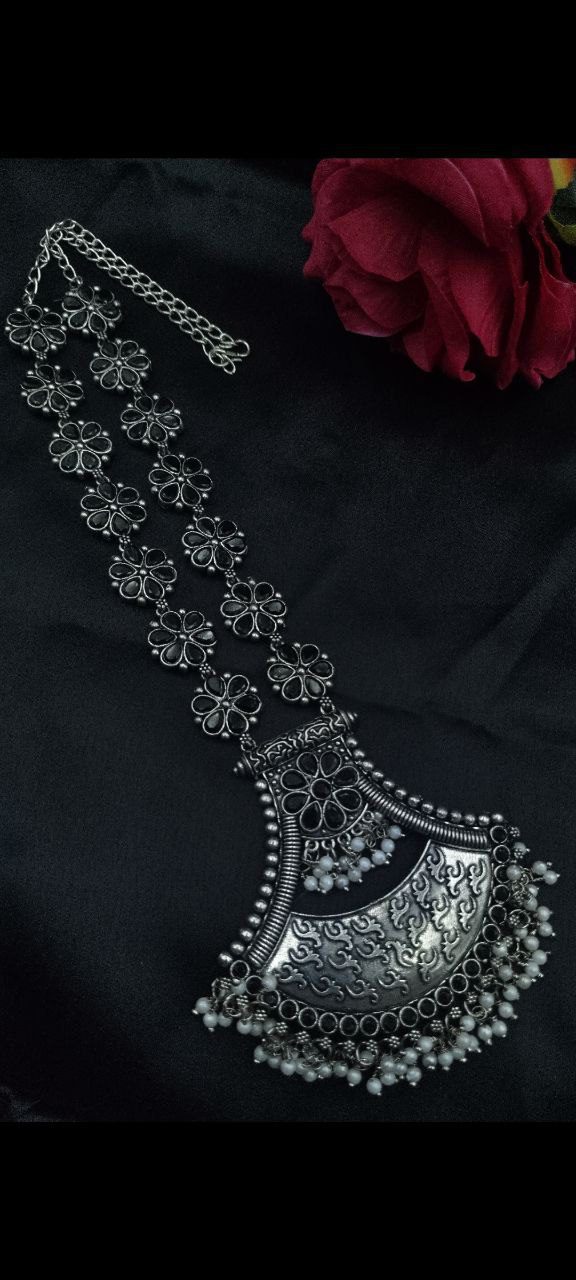 Designer Floral Art Oxidised Long Necklace ? Traditional Jewelry with Best Pearl & Stone Work - Image 4