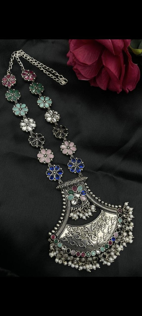 Designer Floral Art Oxidised Long Necklace ? Traditional Jewelry with Best Pearl & Stone Work - Image 3