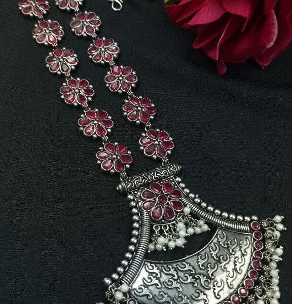 Designer Floral Art Oxidised Long Necklace ? Traditional Jewelry with Best Pearl & Stone Work - "Red"