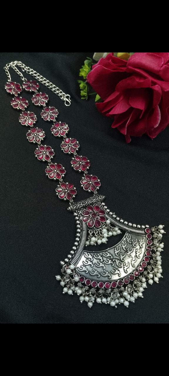 Designer Floral Art Oxidised Long Necklace ? Traditional Jewelry with Best Pearl & Stone Work - Image 2