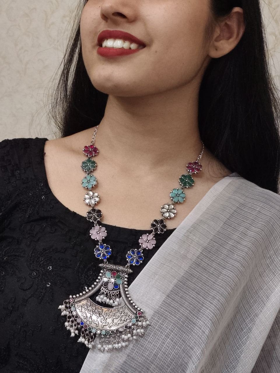 Designer Floral Art Oxidised Long Necklace ? Traditional Jewelry with Best Pearl & Stone Work