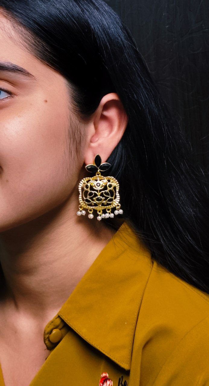 Gold Plated Floral Art Earrings | Stone & Pearl Work for Best Ethnic Wear Dangler Jewelry