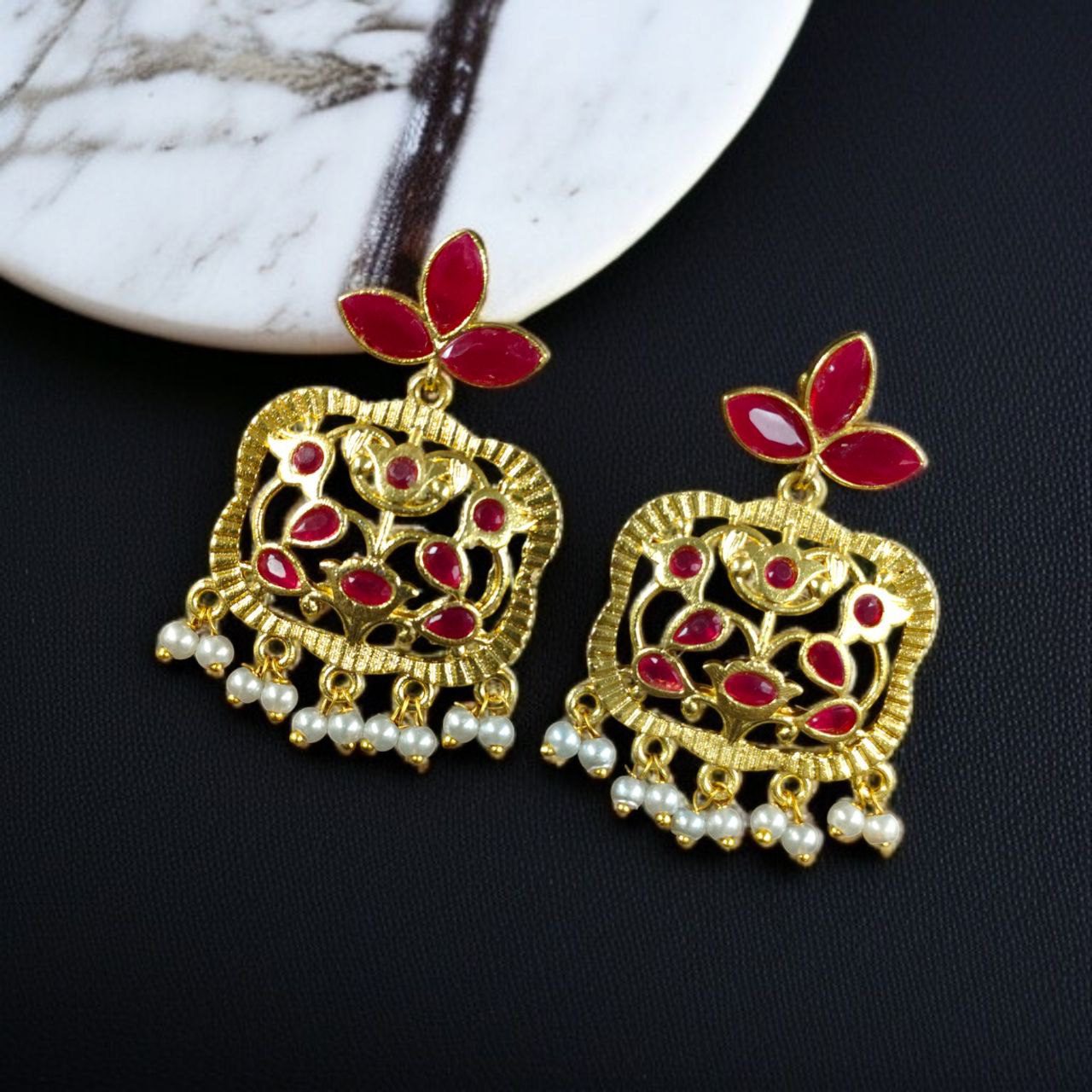 Gold Plated Floral Art Earrings | Stone & Pearl Work for Best Ethnic Wear Dangler Jewelry - Image 4