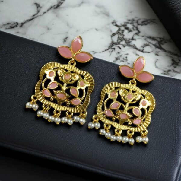 Gold Plated Floral Art Earrings | Stone & Pearl Work for Best Ethnic Wear Dangler Jewelry - "Baby Pink"
