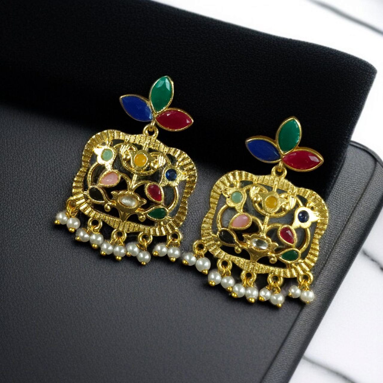 Gold Plated Floral Art Earrings | Stone & Pearl Work for Best Ethnic Wear Dangler Jewelry - Image 6