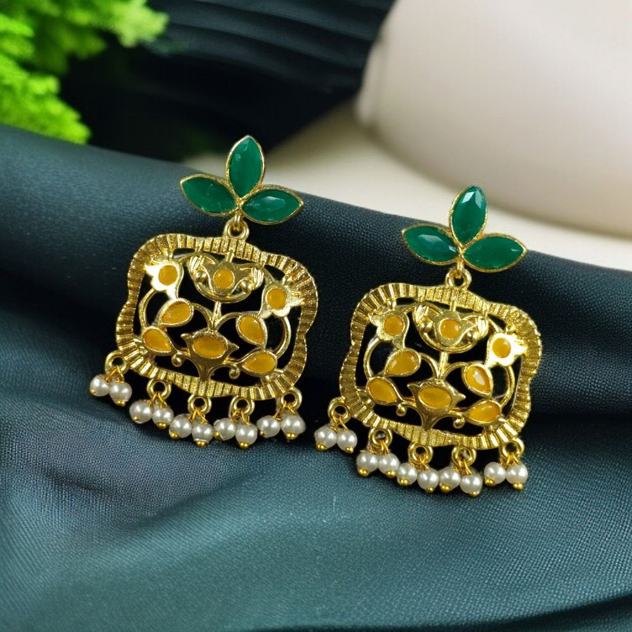 Gold Plated Floral Art Earrings | Stone & Pearl Work for Best Ethnic Wear Dangler Jewelry - Image 7