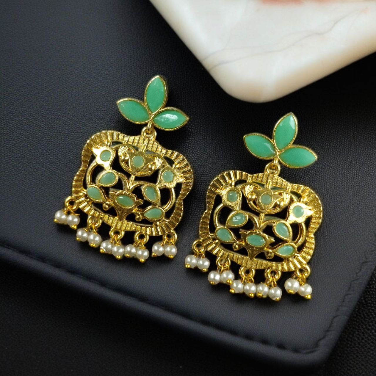 Gold Plated Floral Art Earrings | Stone & Pearl Work for Best Ethnic Wear Dangler Jewelry - Image 8