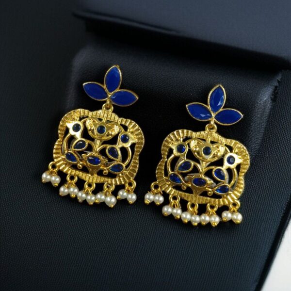 Gold Plated Floral Art Earrings | Stone & Pearl Work for Best Ethnic Wear Dangler Jewelry - "Blue"