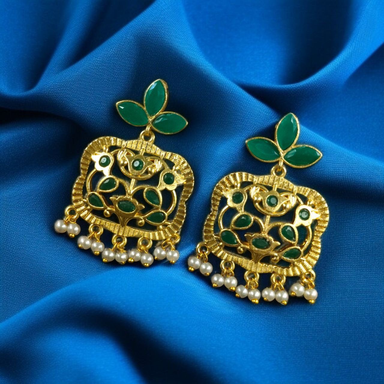 Gold Plated Floral Art Earrings | Stone & Pearl Work for Best Ethnic Wear Dangler Jewelry - Image 10