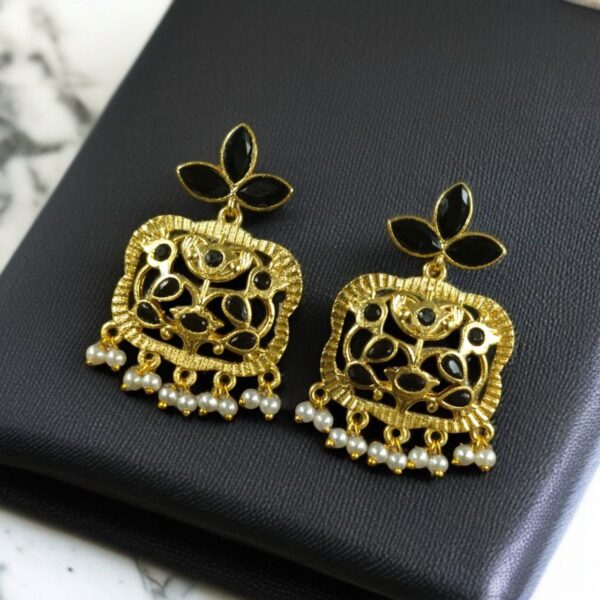 Gold Plated Floral Art Earrings | Stone & Pearl Work for Best Ethnic Wear Dangler Jewelry - "Black"