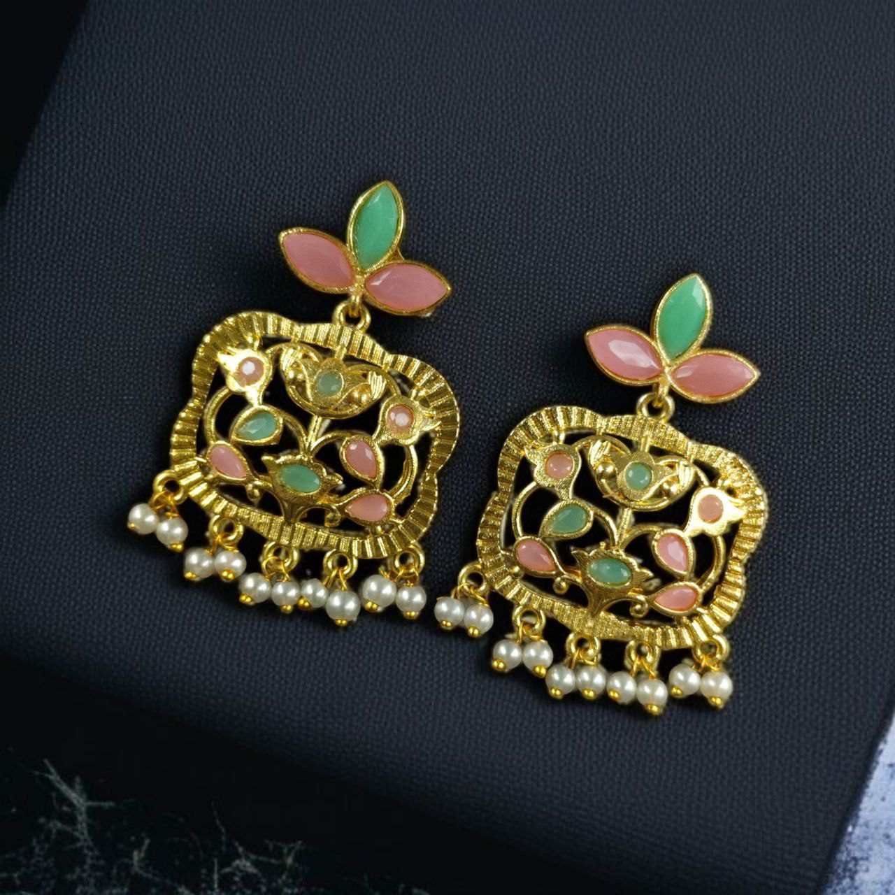 Gold Plated Floral Art Earrings | Stone & Pearl Work for Best Ethnic Wear Dangler Jewelry - Image 3