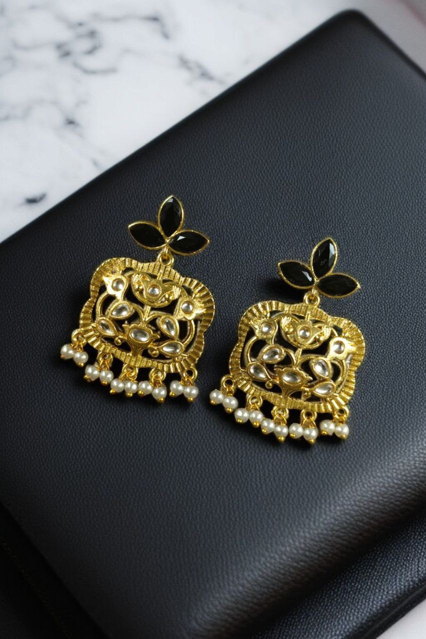 Gold Plated Floral Art Earrings | Stone & Pearl Work for Best Ethnic Wear Dangler Jewelry - Image 2