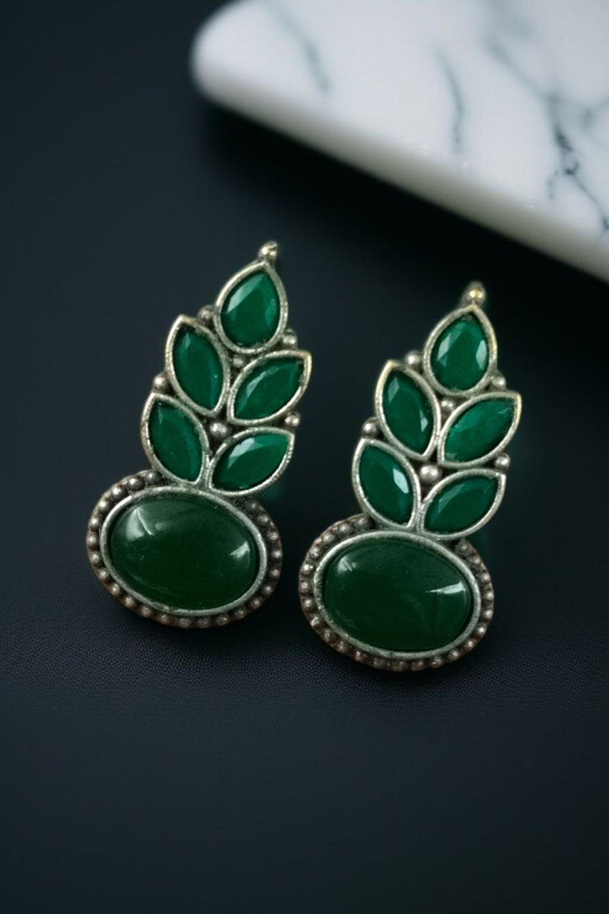 Traditional Oxidised Stud Earrings with Monalisa Stone ? Perfect Silver Plated Jewelry - Image 2