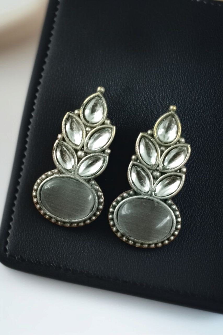Traditional Oxidised Stud Earrings with Monalisa Stone ? Perfect Silver Plated Jewelry - Image 5