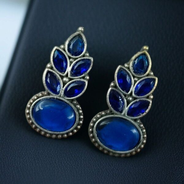 Traditional Oxidised Stud Earrings with Monalisa Stone ? Perfect Silver Plated Jewelry - "Blue"
