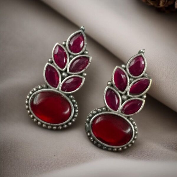 Traditional Oxidised Stud Earrings with Monalisa Stone ? Perfect Silver Plated Jewelry - "Red"