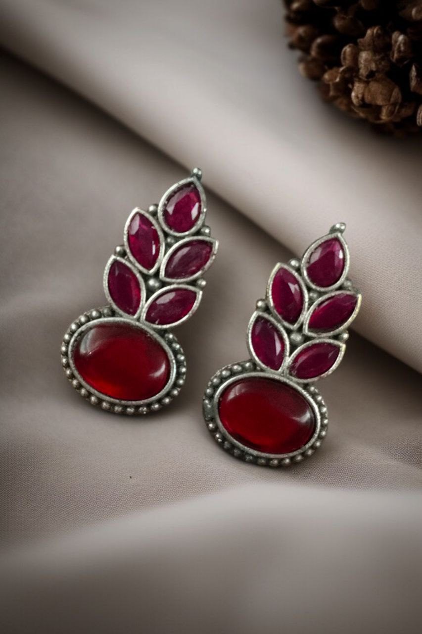 Traditional Oxidised Stud Earrings with Monalisa Stone ? Perfect Silver Plated Jewelry - Image 8