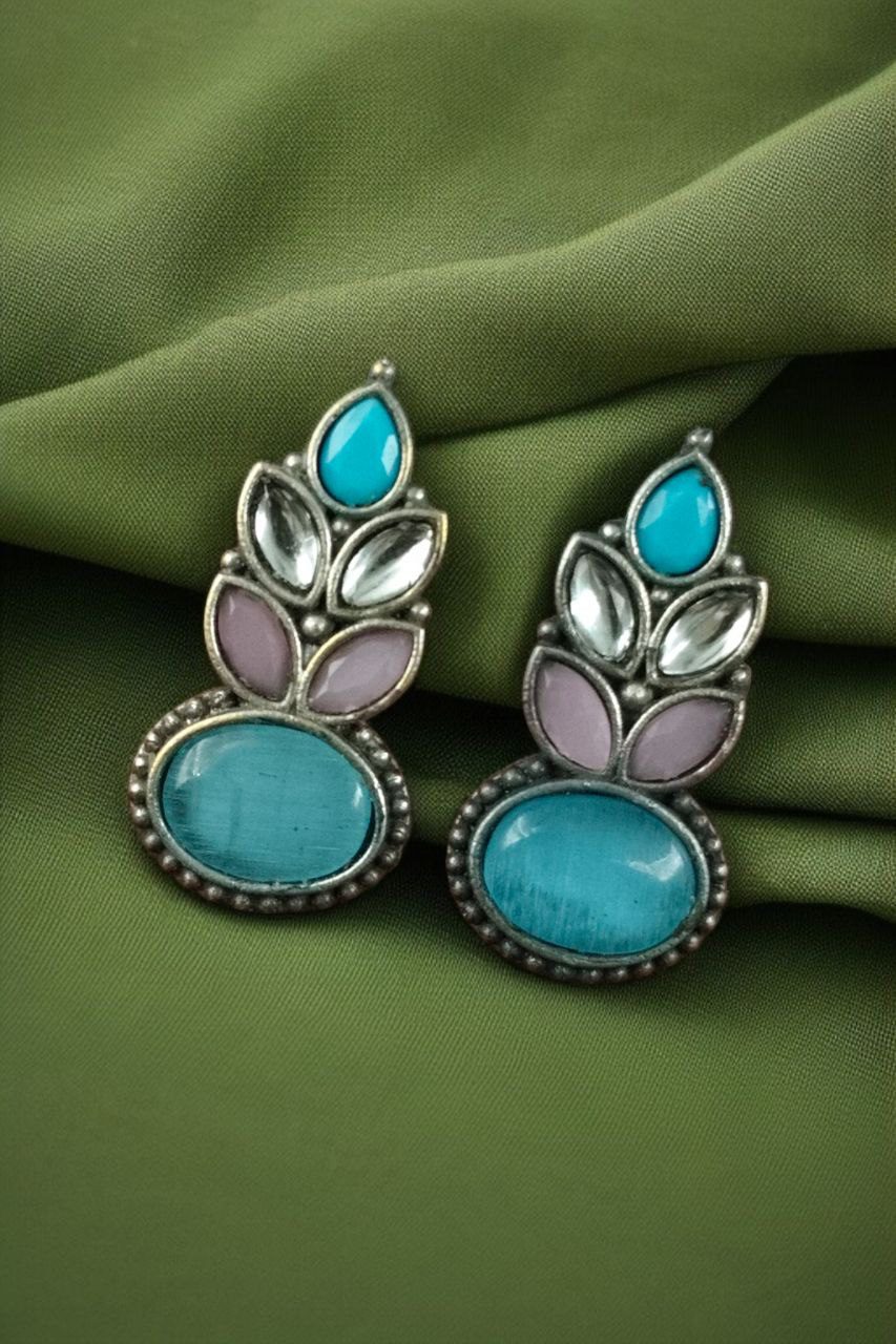 Traditional Oxidised Stud Earrings with Monalisa Stone ? Perfect Silver Plated Jewelry - Image 9