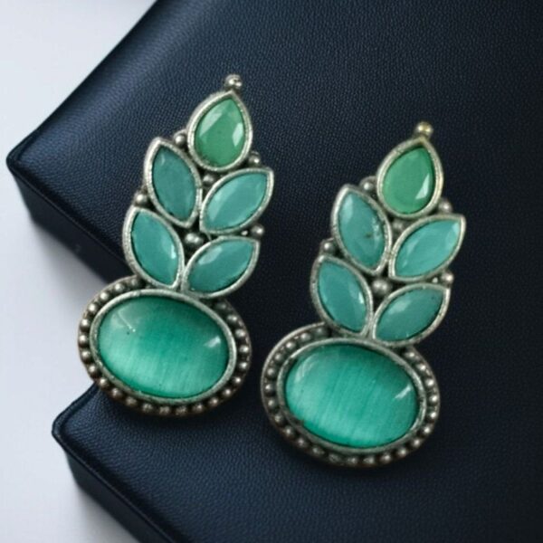 Traditional Oxidised Stud Earrings with Monalisa Stone ? Perfect Silver Plated Jewelry - "Mint"