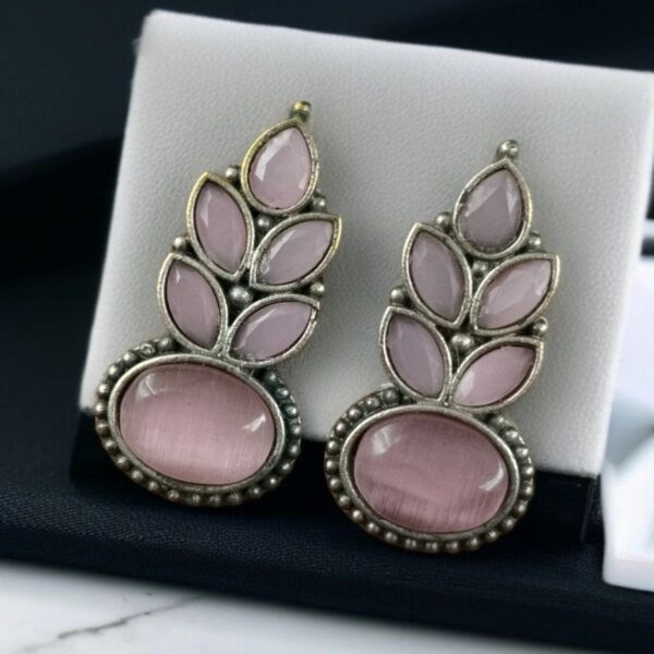 Traditional Oxidised Stud Earrings with Monalisa Stone ? Perfect Silver Plated Jewelry - "Baby Pink"