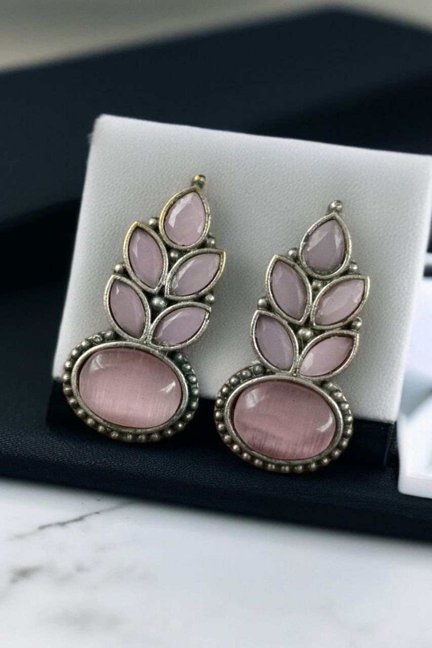 Traditional Oxidised Stud Earrings with Monalisa Stone ? Perfect Silver Plated Jewelry - Image 3