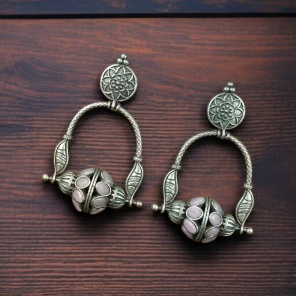 Unique Design Oxidised Dangler Earrings with Stone Work ? Silver Plated Ethnic Jewelry - "Baby Pink"