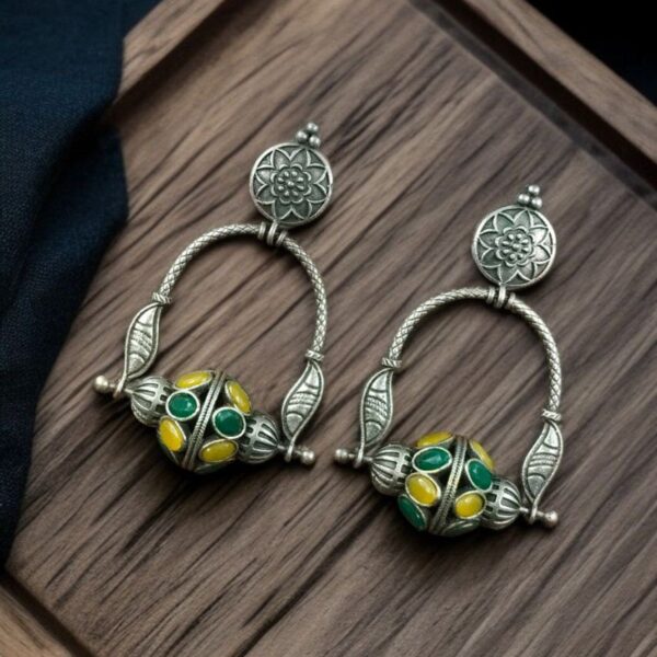 Unique Design Oxidised Dangler Earrings with Stone Work ? Silver Plated Ethnic Jewelry - "Yellow-Green"