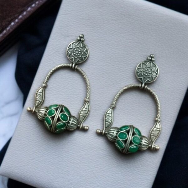 Unique Design Oxidised Dangler Earrings with Stone Work ? Silver Plated Ethnic Jewelry - "Green"