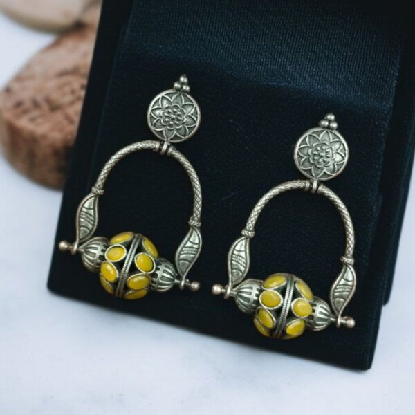 Unique Design Oxidised Dangler Earrings with Stone Work ? Silver Plated Ethnic Jewelry - "Yellow"