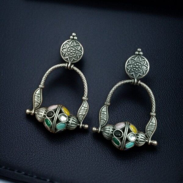 Unique Design Oxidised Dangler Earrings with Stone Work ? Silver Plated Ethnic Jewelry - "Multi"